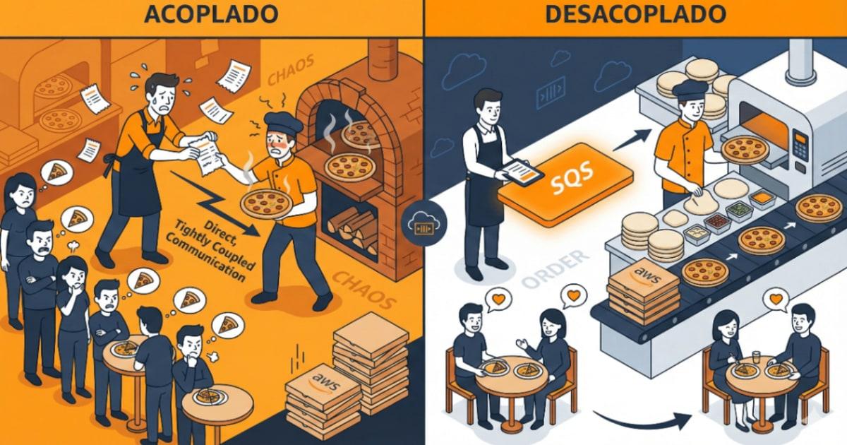 Mensajería y Colas en AWS: Por Qué Tu Aplicación Necesita un Sistema de Órdenes (Y No Un Pizzero Gritando)